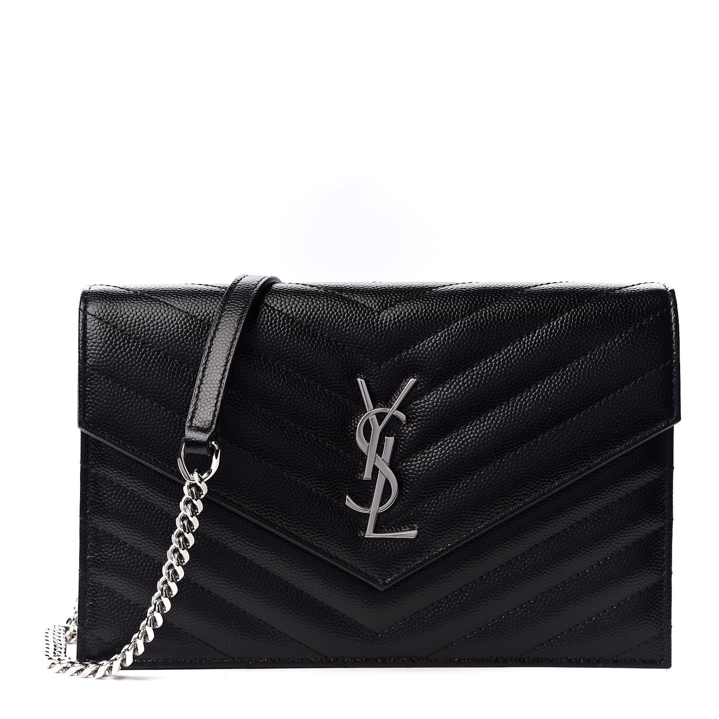Grain De Poudre Matelasse Chevron Monogram Envelope Chain Wallet Black