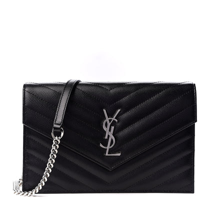 Saint Laurent Grain De Poudre Matelasse Chevron Monogram Envelope Chain Wallet Black 1 of 9