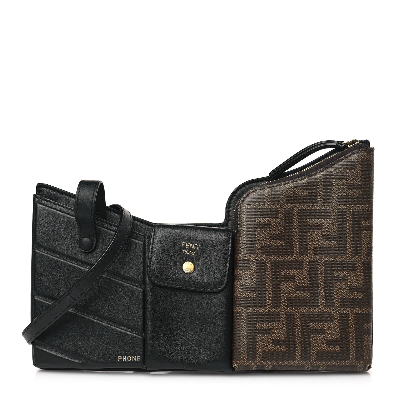 Fendi Vitello Grace Glazed Fabric FF 1974 3 Pocket Mini Crossbody Bag Black Mogano Panna 1 of 8