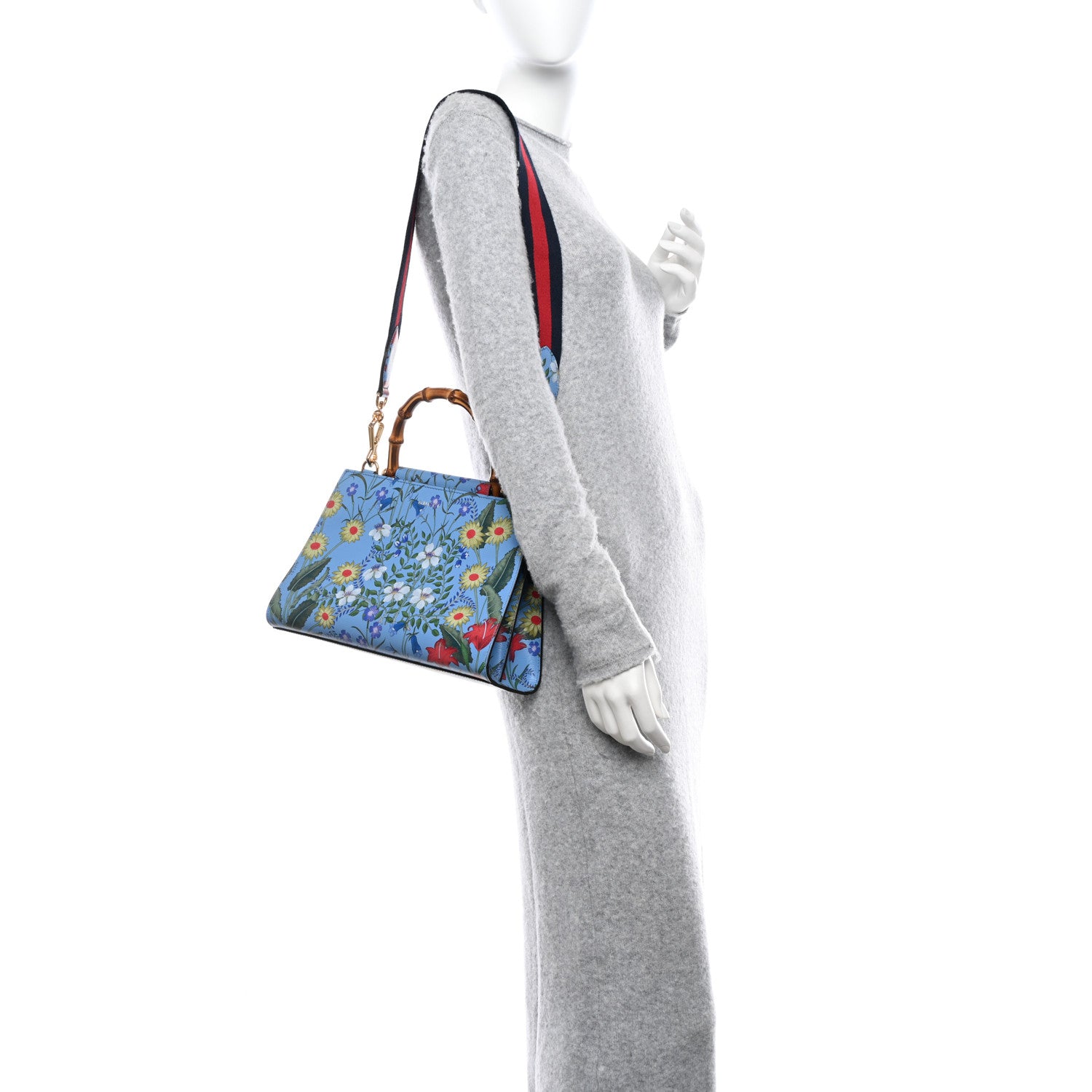 Gucci Calfskin Bamboo Web New Flora Small Nymphaea Top Handle Bag Azure 2 of 11