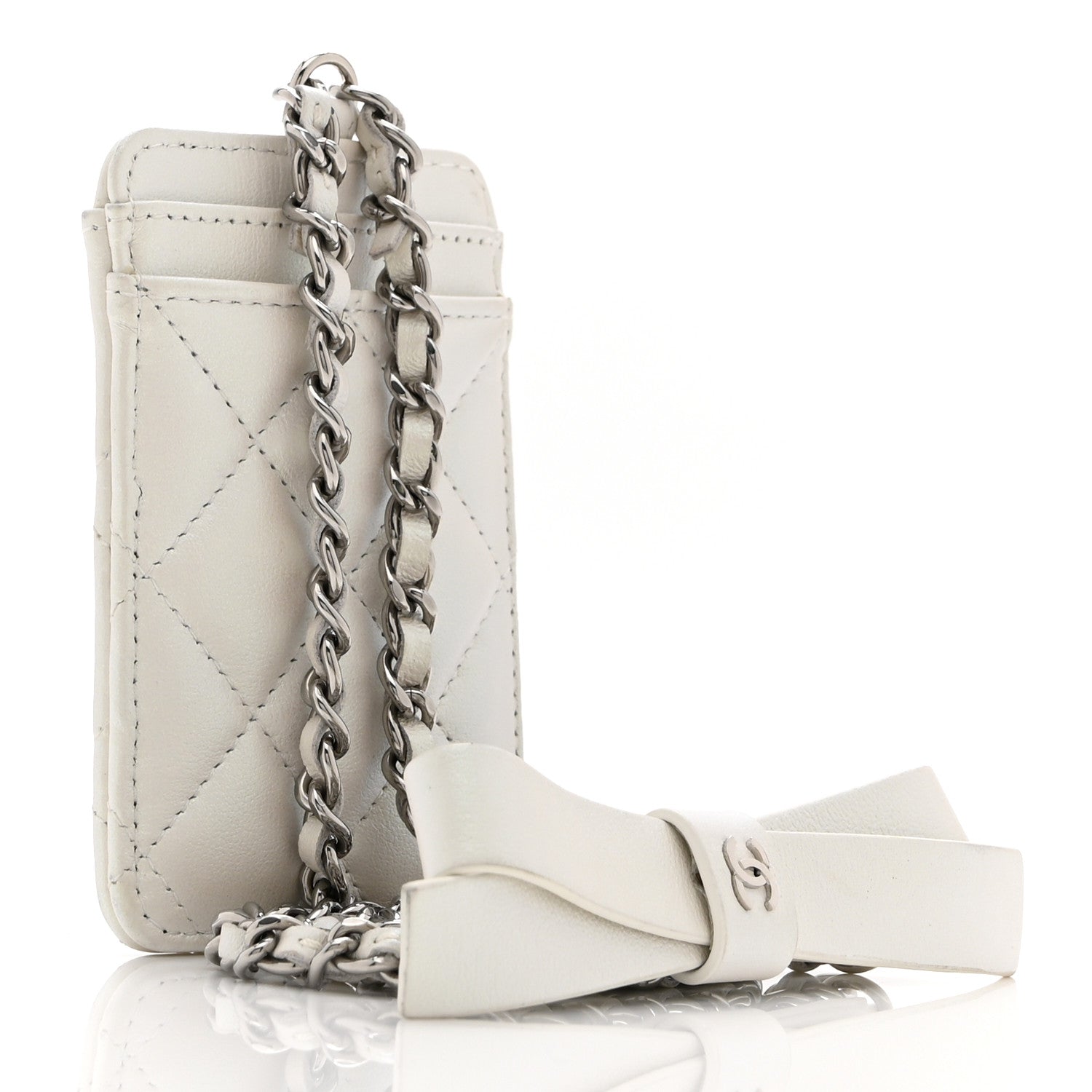 Chanel Iridescent Lambskin Quilted Coco Bow Card Holder On Chain White 3 of 9