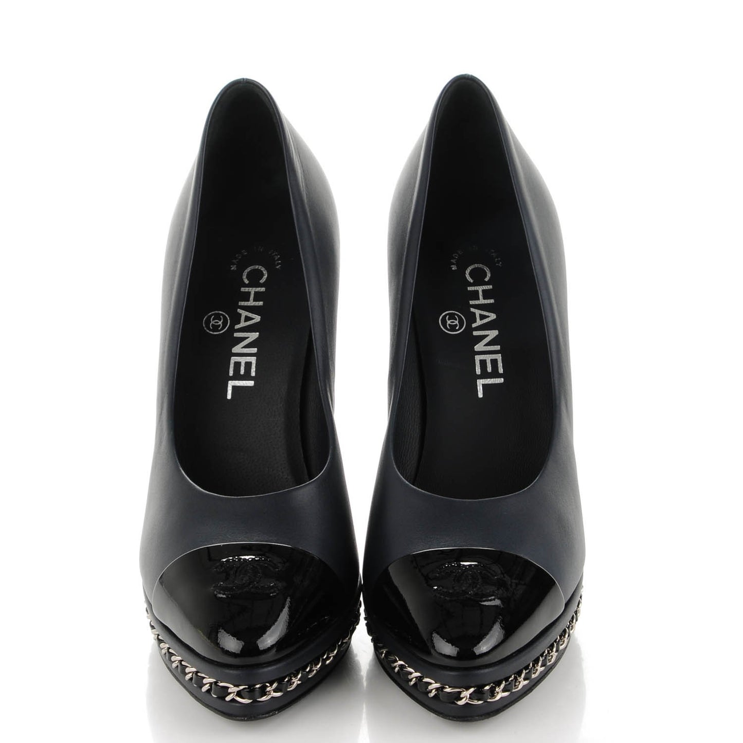 Calfskin Patent CC Cap Toe Platform Chain Pumps 36 Navy Black