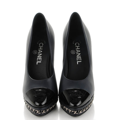 Chanel Calfskin Patent CC Cap Toe Platform Chain Pumps 36 Navy Black 2 of 9