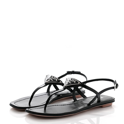 Prada Vernice Metal Triangle Logo Slingback Flat Thong Sandals 38.5 Black 3 of 10