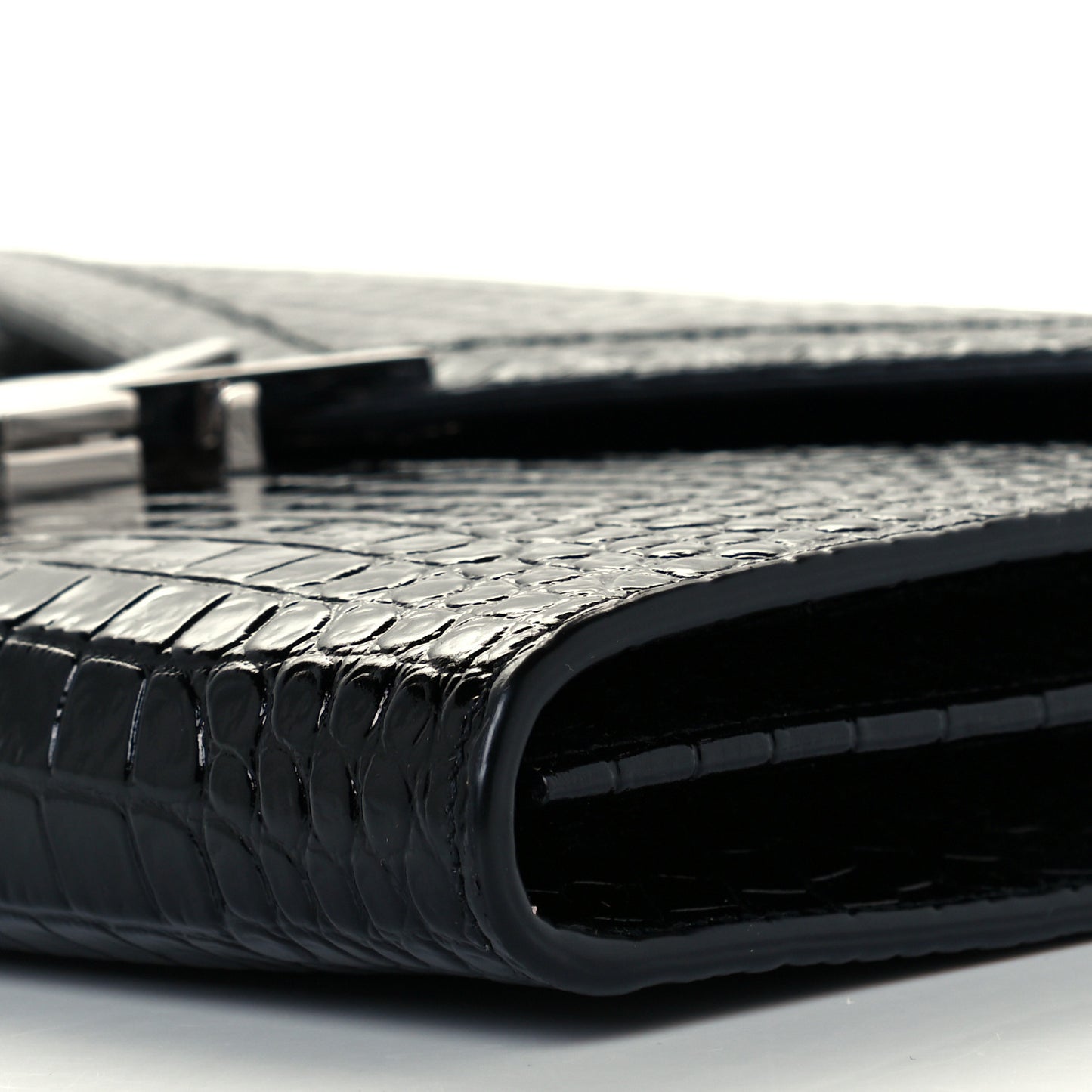Patent Calfskin Crocodile Embossed Monogram Cassandra Chain Wallet Black
