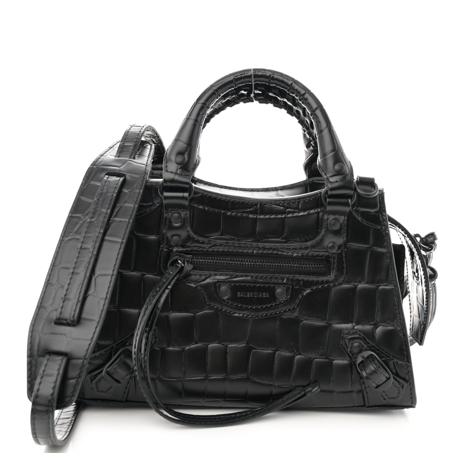 Semi Shiny Calfskin Crocodile Embossed Neo Classic Black Hardware Mini City Black