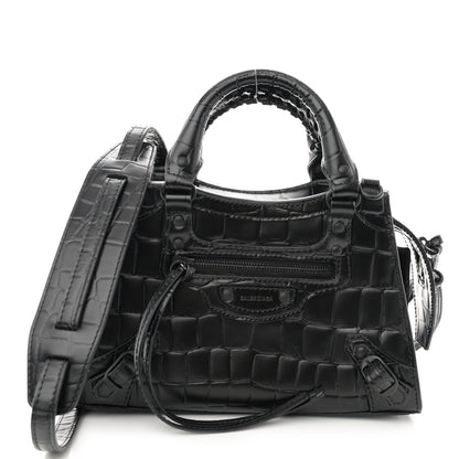 Balenciaga Semi Shiny Calfskin Crocodile Embossed Neo Classic Black Hardware Mini City Black 1 of 10