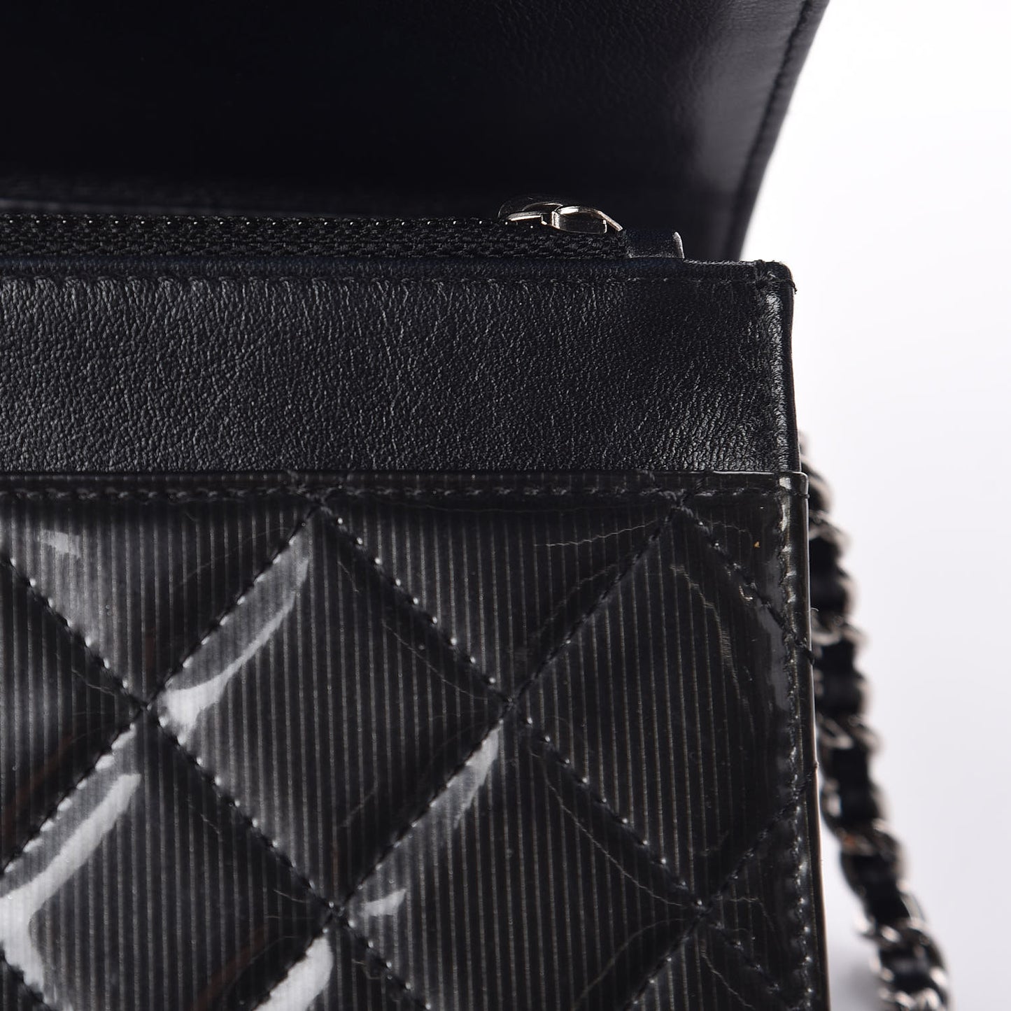 Striated Patent Quilted Wallet on Chain WOC Black