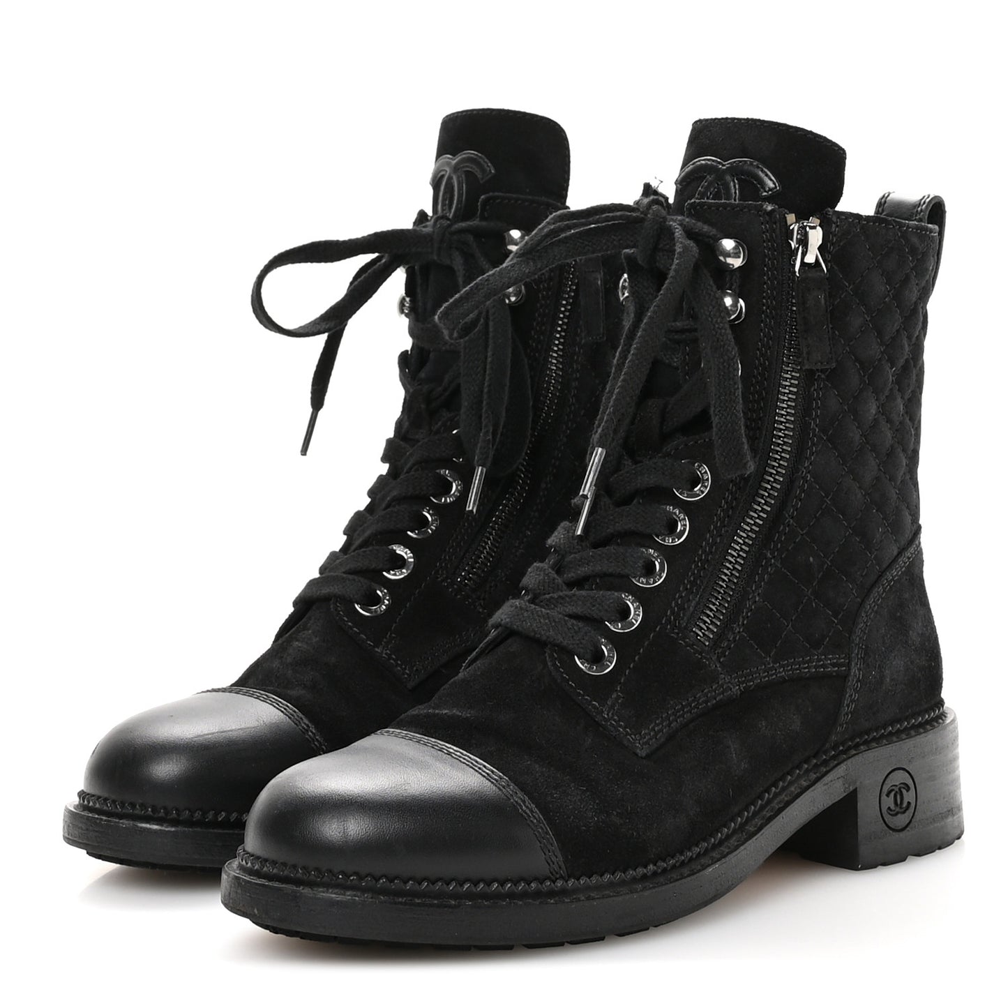 Suede Calfskin Quilted Lace Up Combat Boots 37 Black