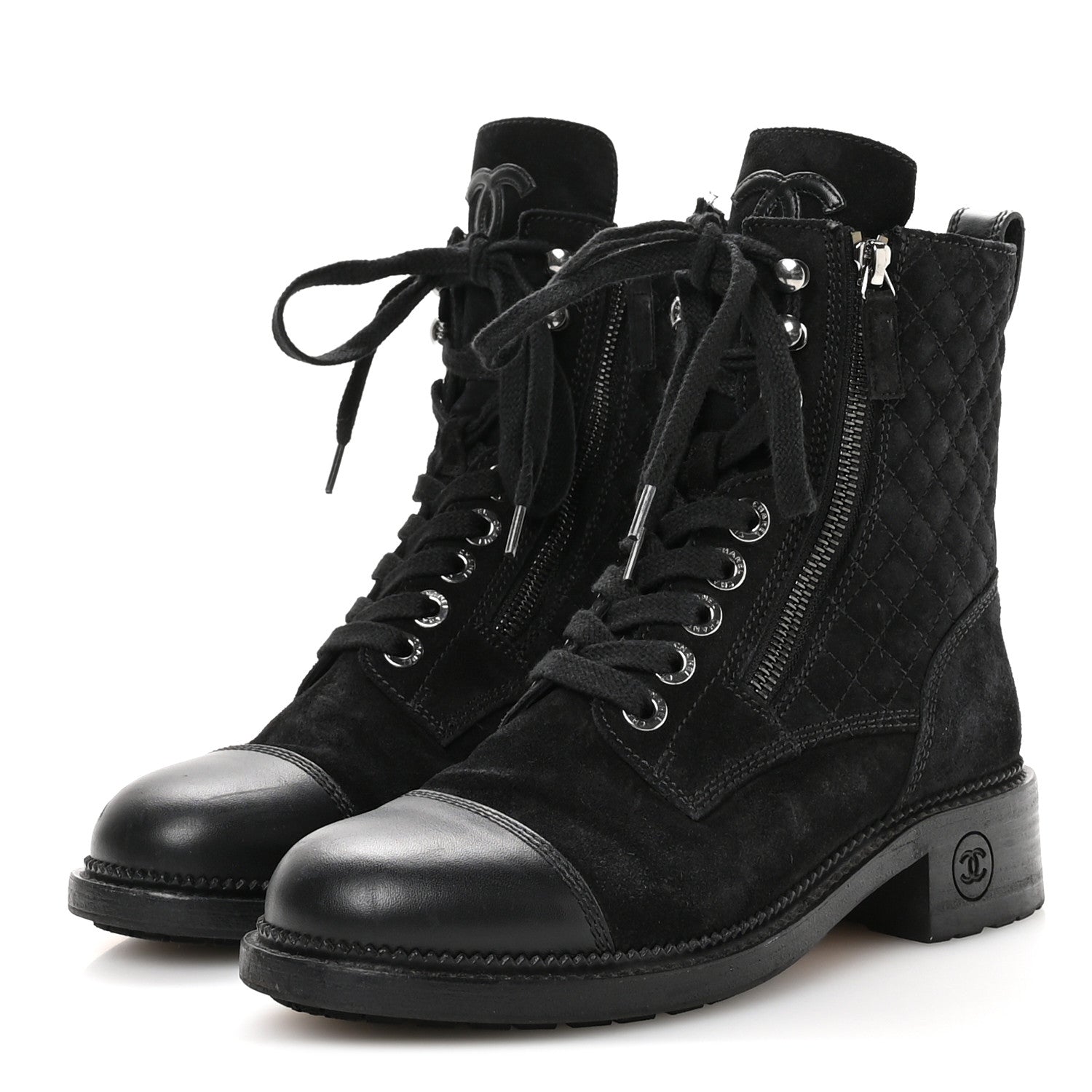 Chanel Suede Calfskin Quilted Lace Up Combat Boots 37 Black 4 of 9