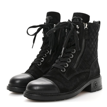 Chanel Suede Calfskin Quilted Lace Up Combat Boots 37 Black 4 of 9