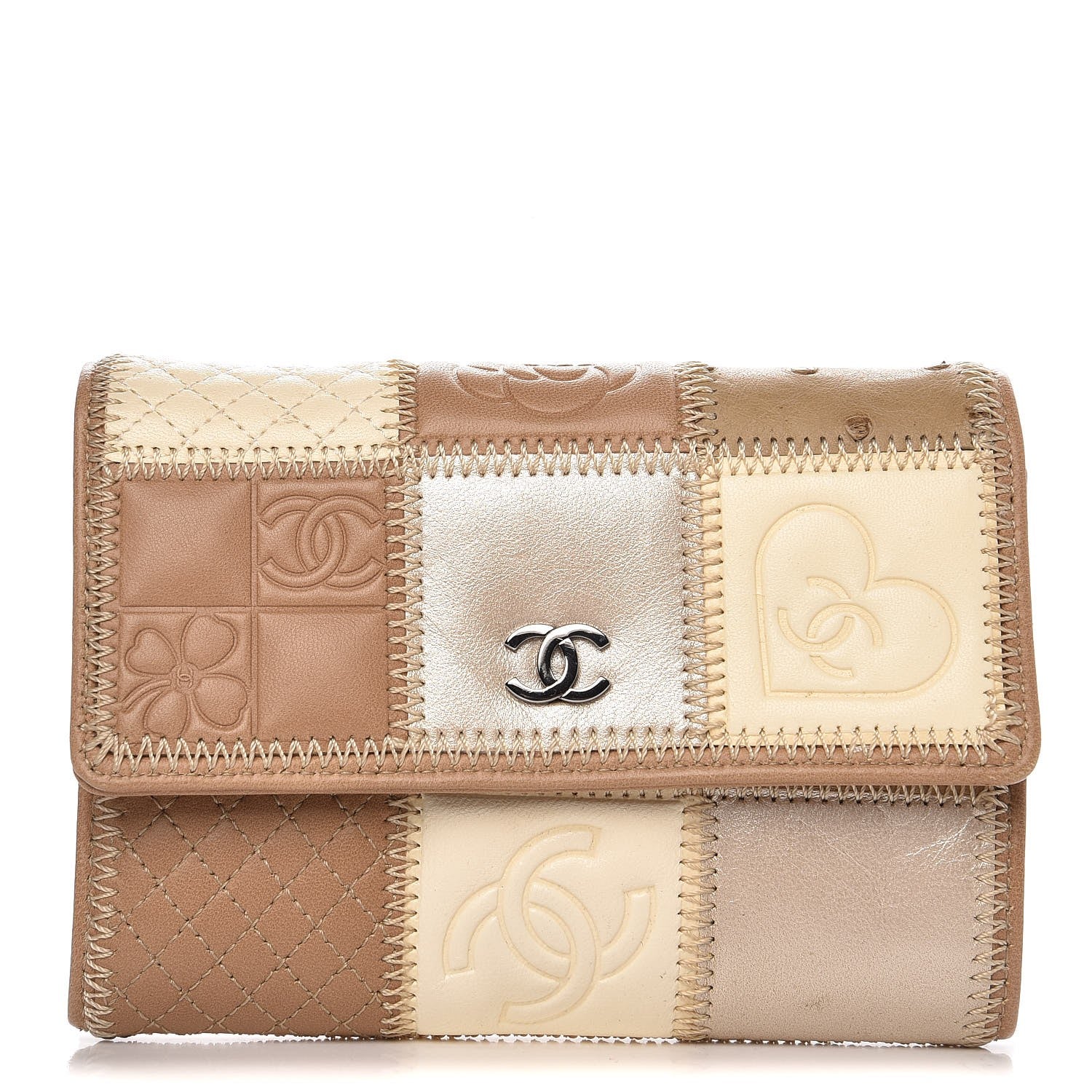 Chanel Lambskin Ostrich Pony Hair Patchwork Precious Symbols Small Flap Wallet Beige 1 of 8