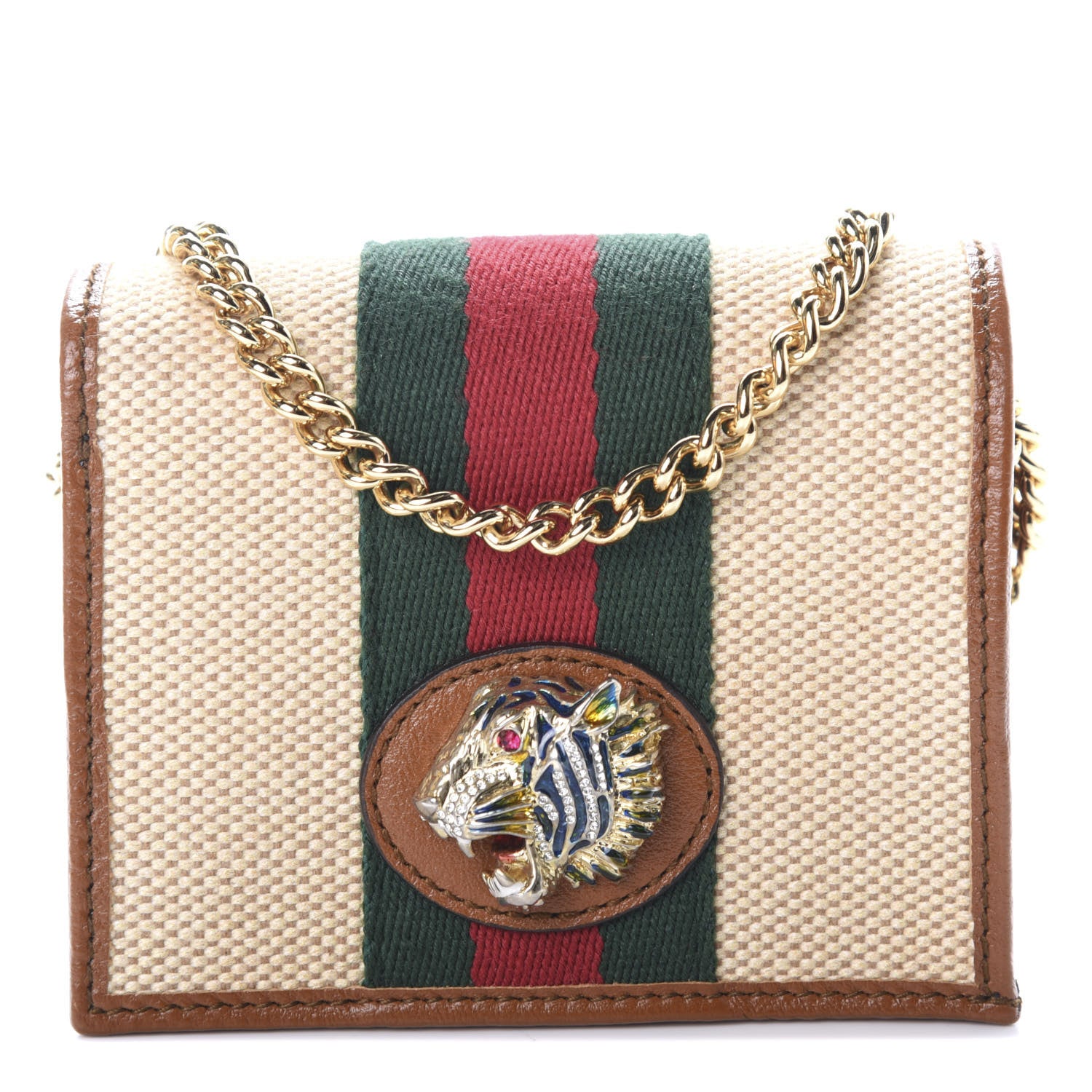 Gucci Canvas Calfskin Web Rajah Chain Card Case Wallet Sand Light Cuir 1 of 8