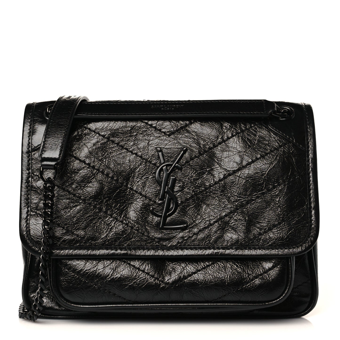 Crinkled Calfskin Matelasse Monogram Baby Niki Chain Satchel Black