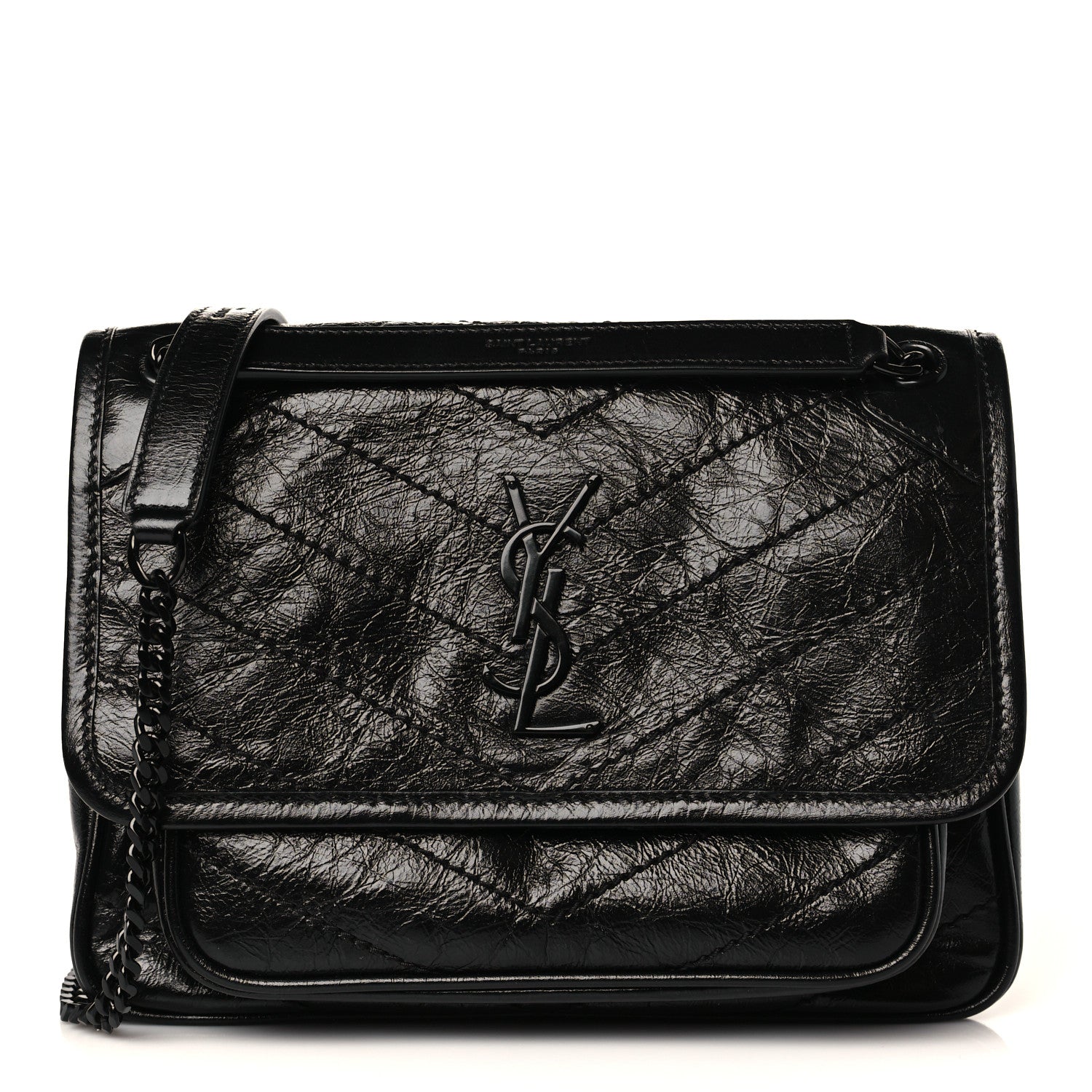 Saint Laurent Crinkled Calfskin Matelasse Monogram Baby Niki Chain Satchel Black 1 of 9