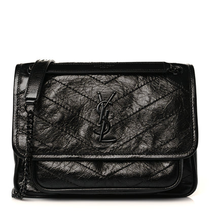 Saint Laurent Crinkled Calfskin Matelasse Monogram Baby Niki Chain Satchel Black 1 of 9