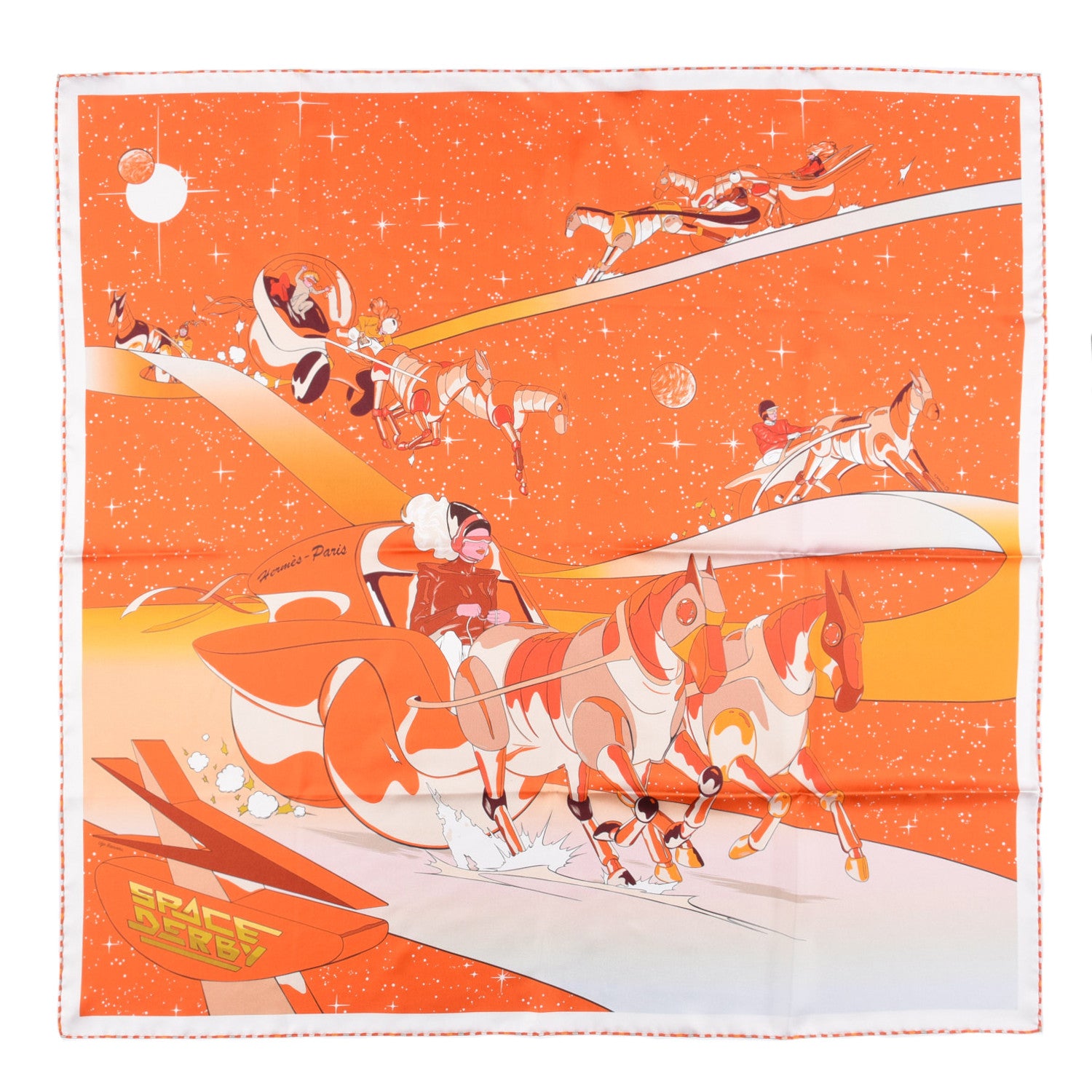 Hermes Silk Space Derby Scarf 90 Orange Creme Roux 1 of 4