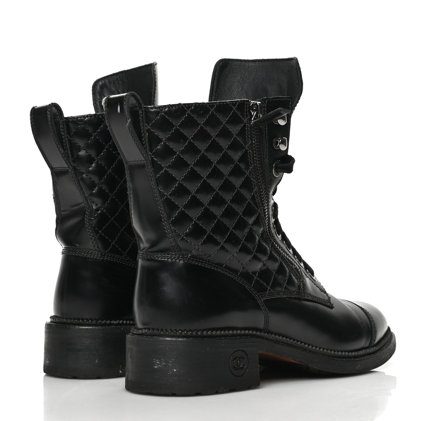 Calfskin Quilted Lace Up Combat Boots 38.5 Black