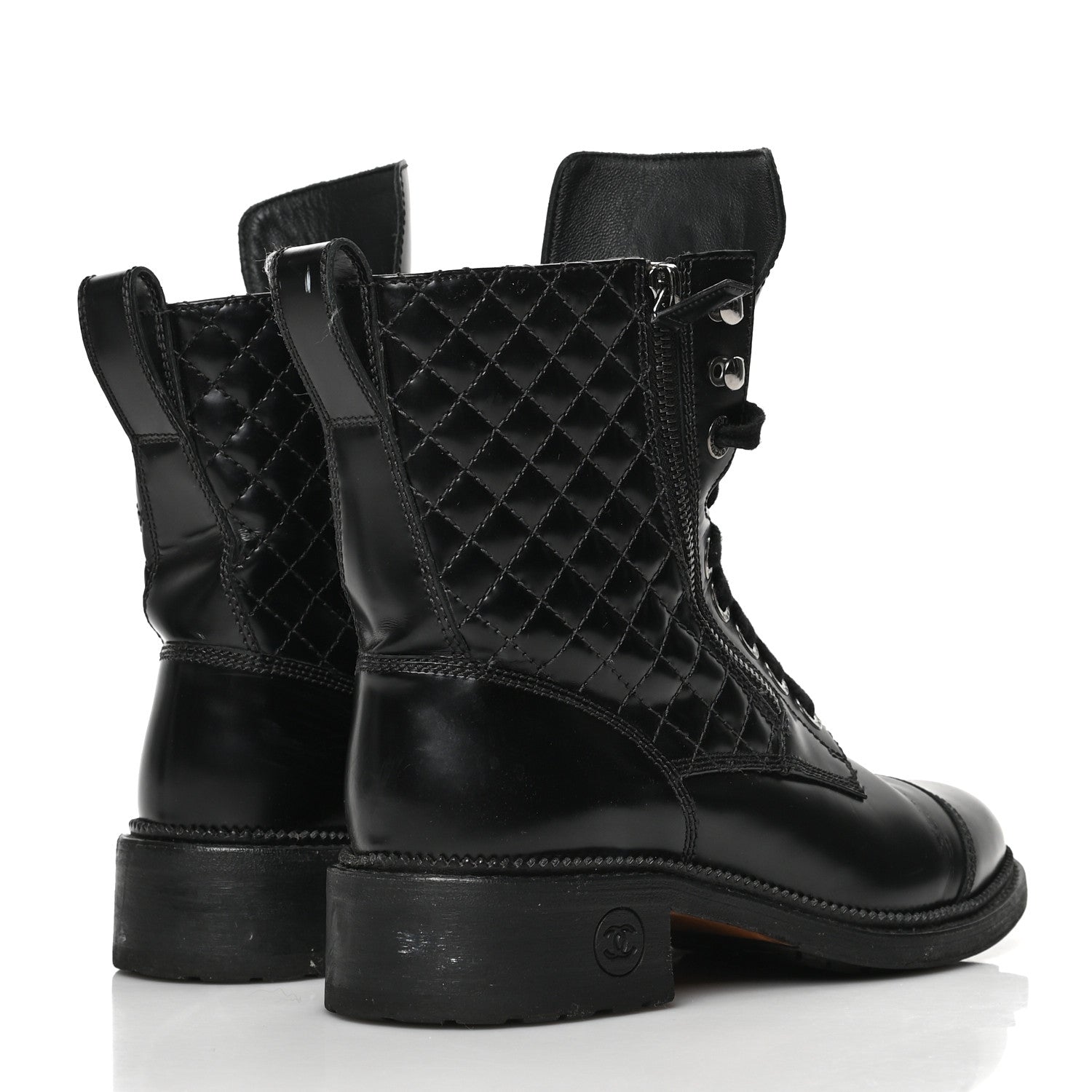 Chanel Calfskin Quilted Lace Up Combat Boots 38.5 Black 4 of 11