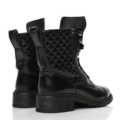 Chanel Calfskin Quilted Lace Up Combat Boots 38.5 Black 4 of 11