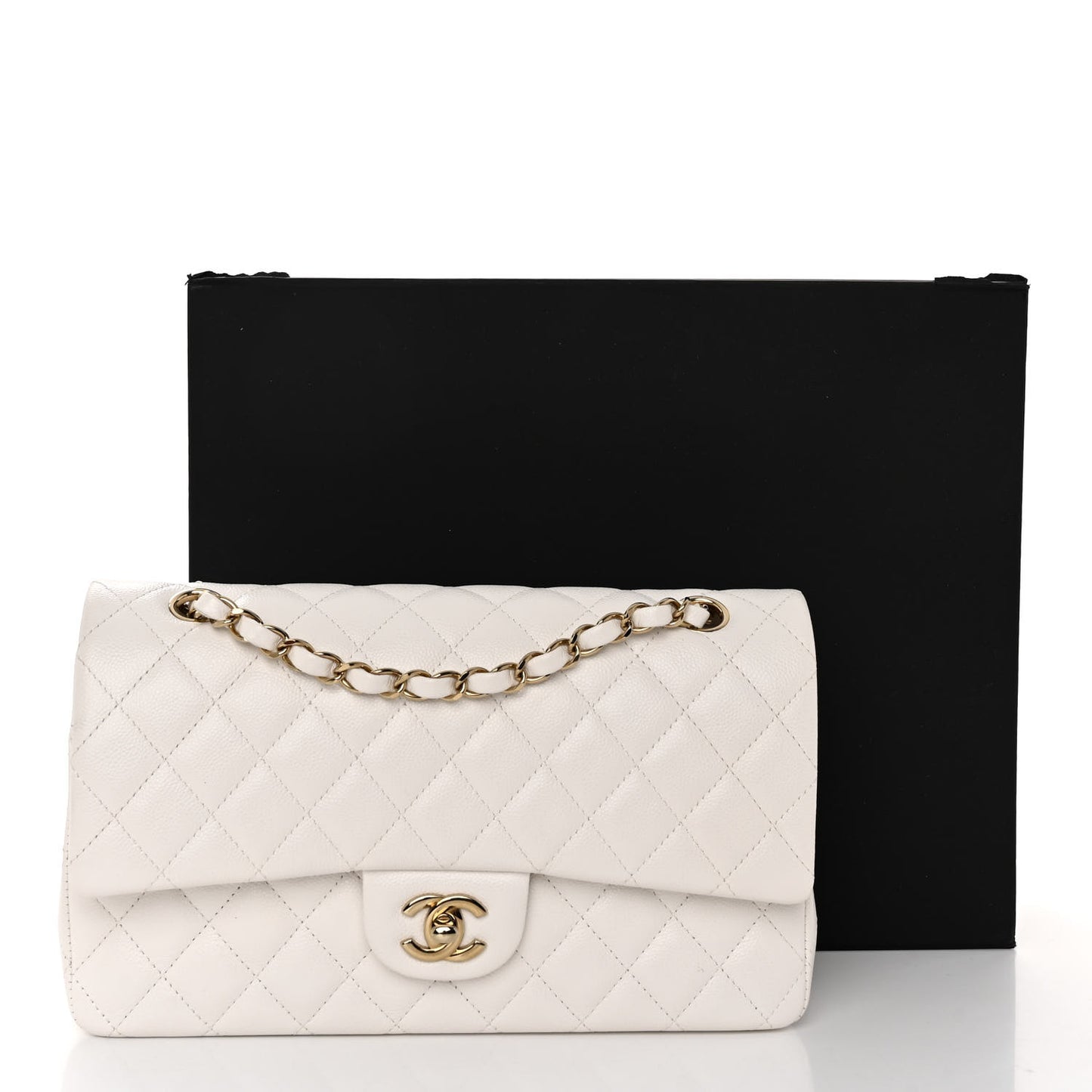 Caviar Quilted Medium Double Flap White