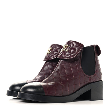 Chanel Lambskin Quilted Cap Toe CC Turnlock Booties 41 Burgundy Black 4 of 8