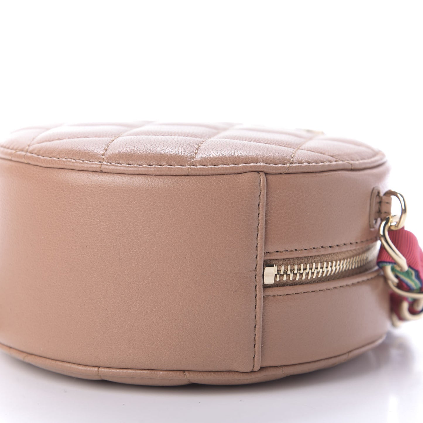 Shiny Lambskin Ribbon Quilted Round Clutch With Chain Brown