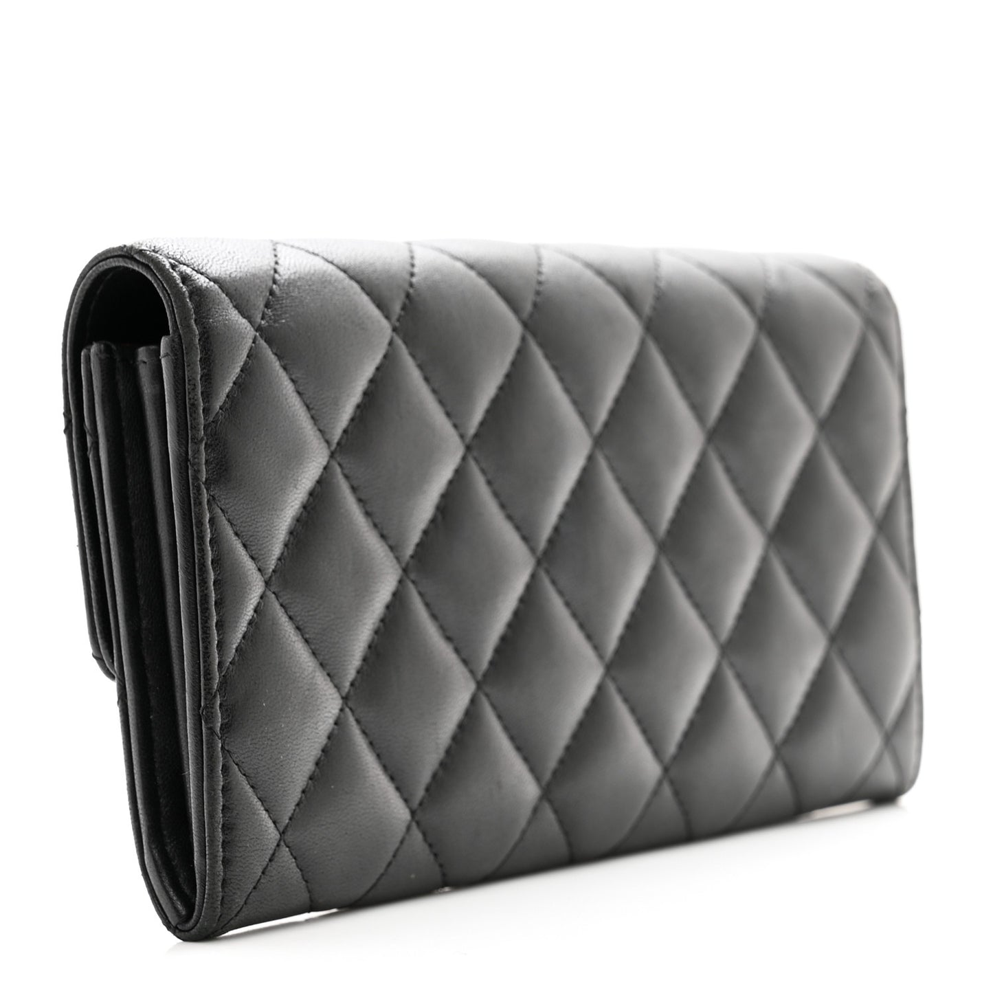 Lambskin Quilted Large Gusset Flap Wallet Black