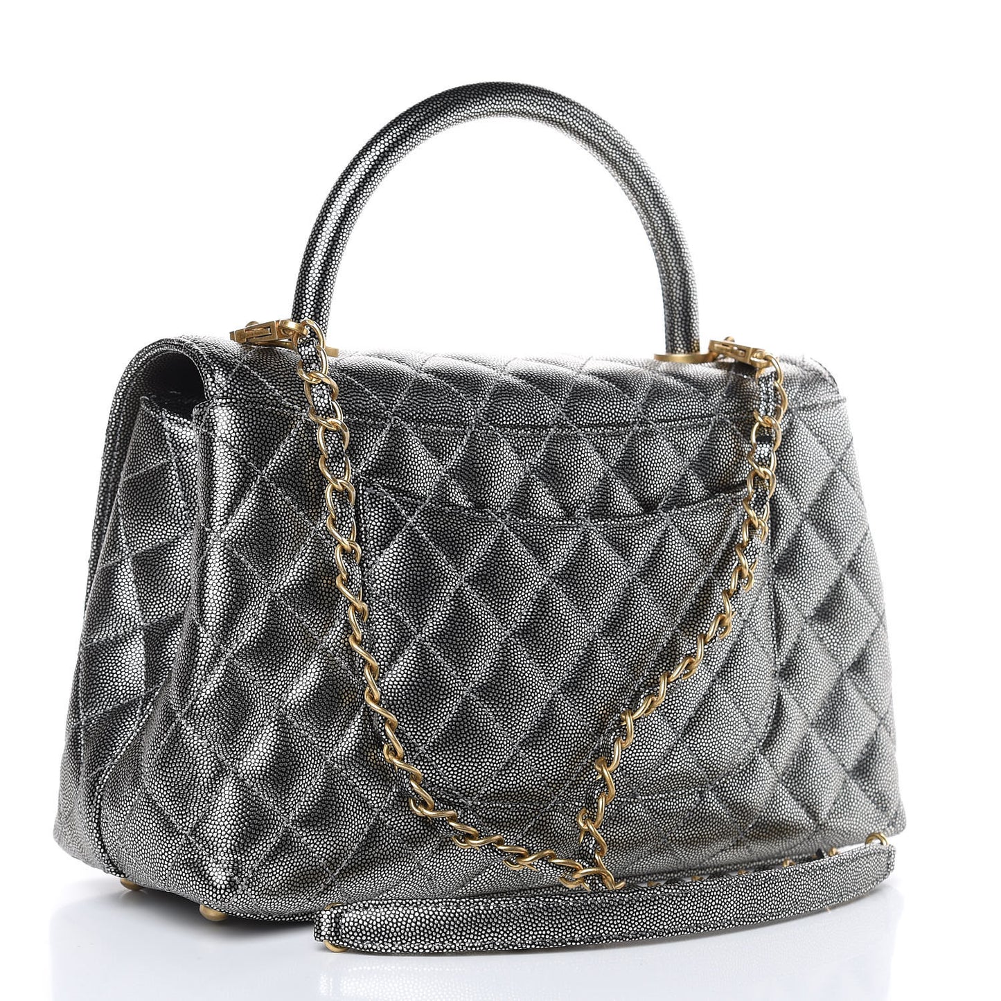 Metallic Caviar Quilted Small Coco Handle Flap Silver