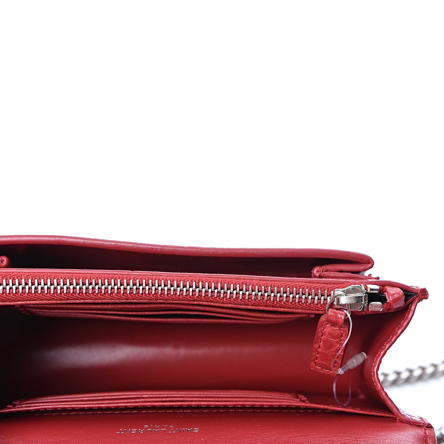 Calfskin Crocodile Embossed Monogram Sunset Chain Wallet New Lipstick Red