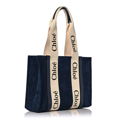 Chloe Suede Calfskin Medium Woody Ribbon Tote Navy 3 of 11