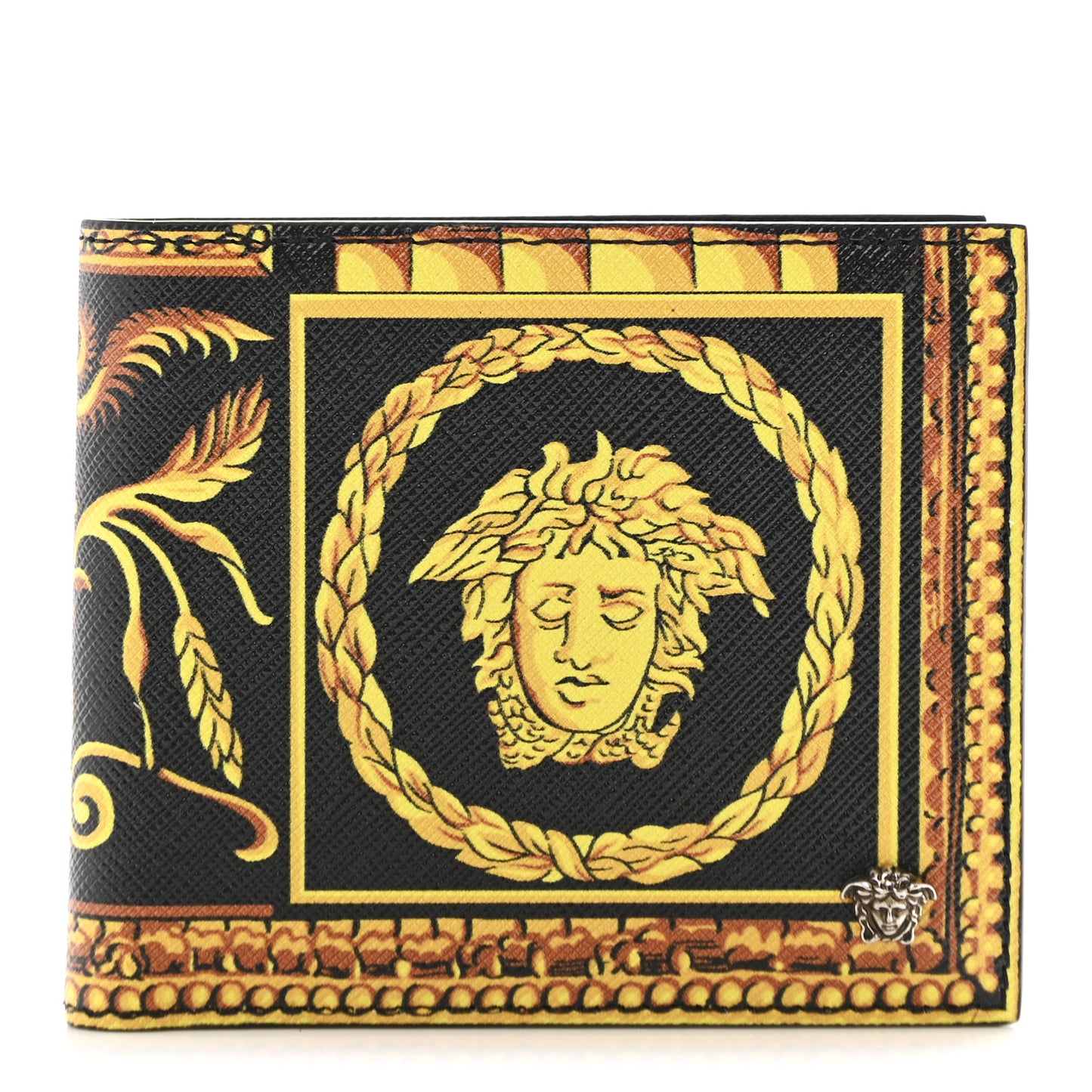 Calfskin PVC Barocco Printed Bi-Fold Wallet Black Gold
