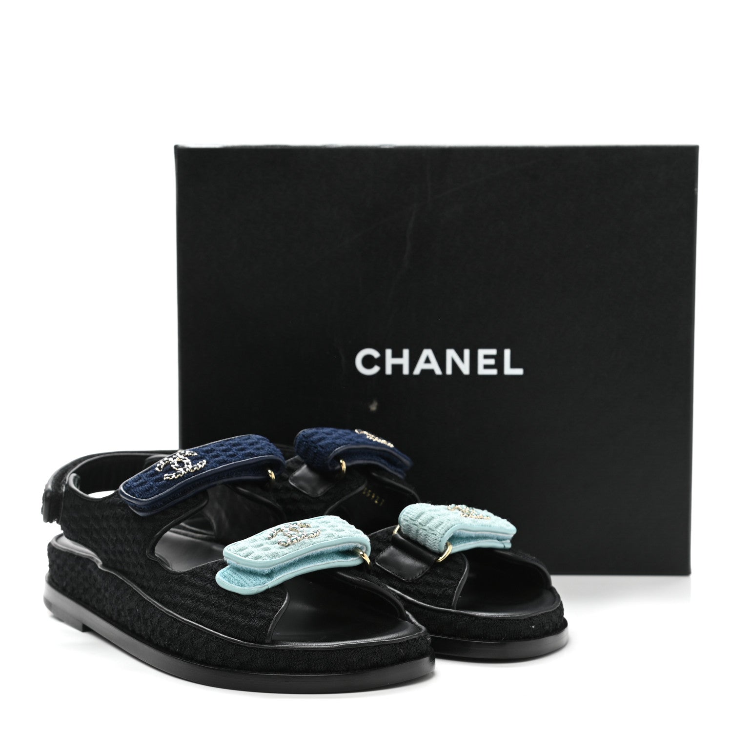 Chanel Knit Fabric Velcro Dad Sandals 37.5 Black Dark Blue Light Blue 9 of 9
