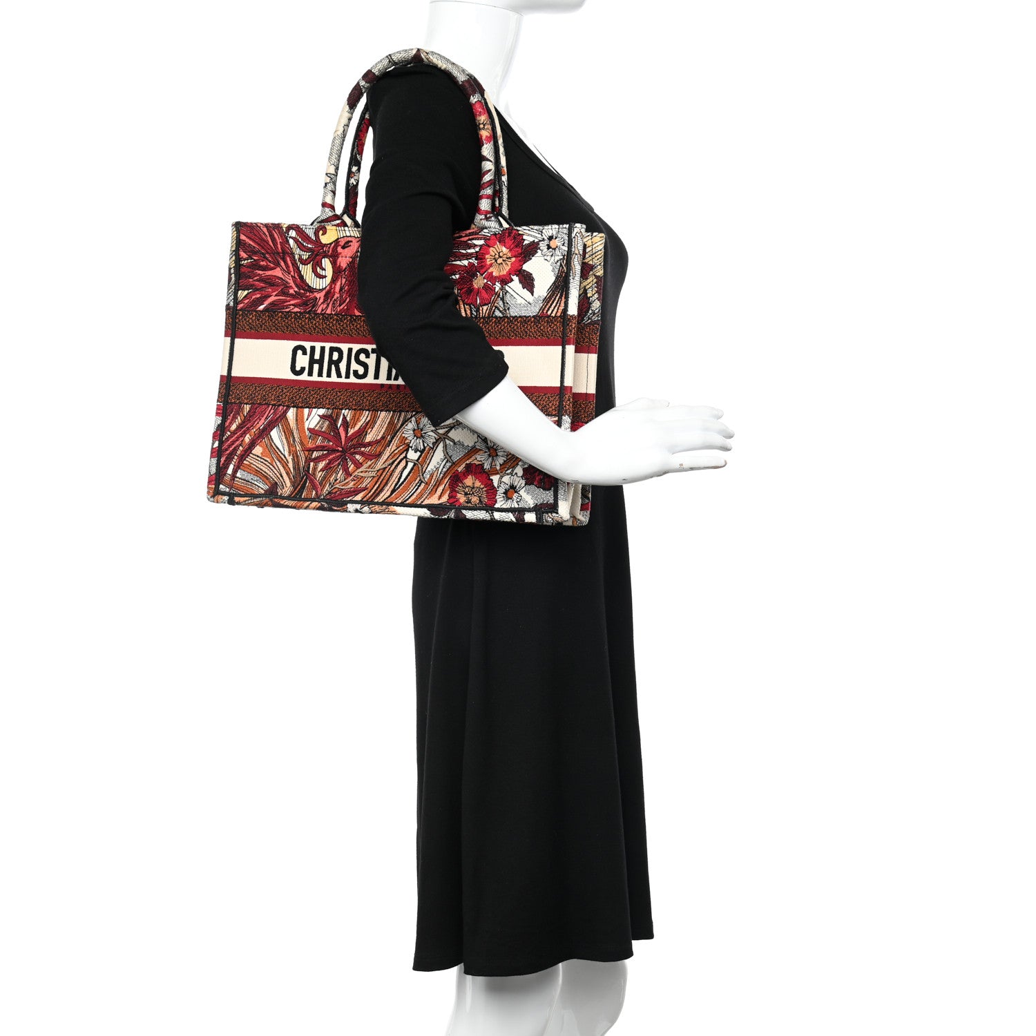 Christian Dior Canvas Embroidered Phoenix Medium Book Tote Red Multicolor 2 of 10