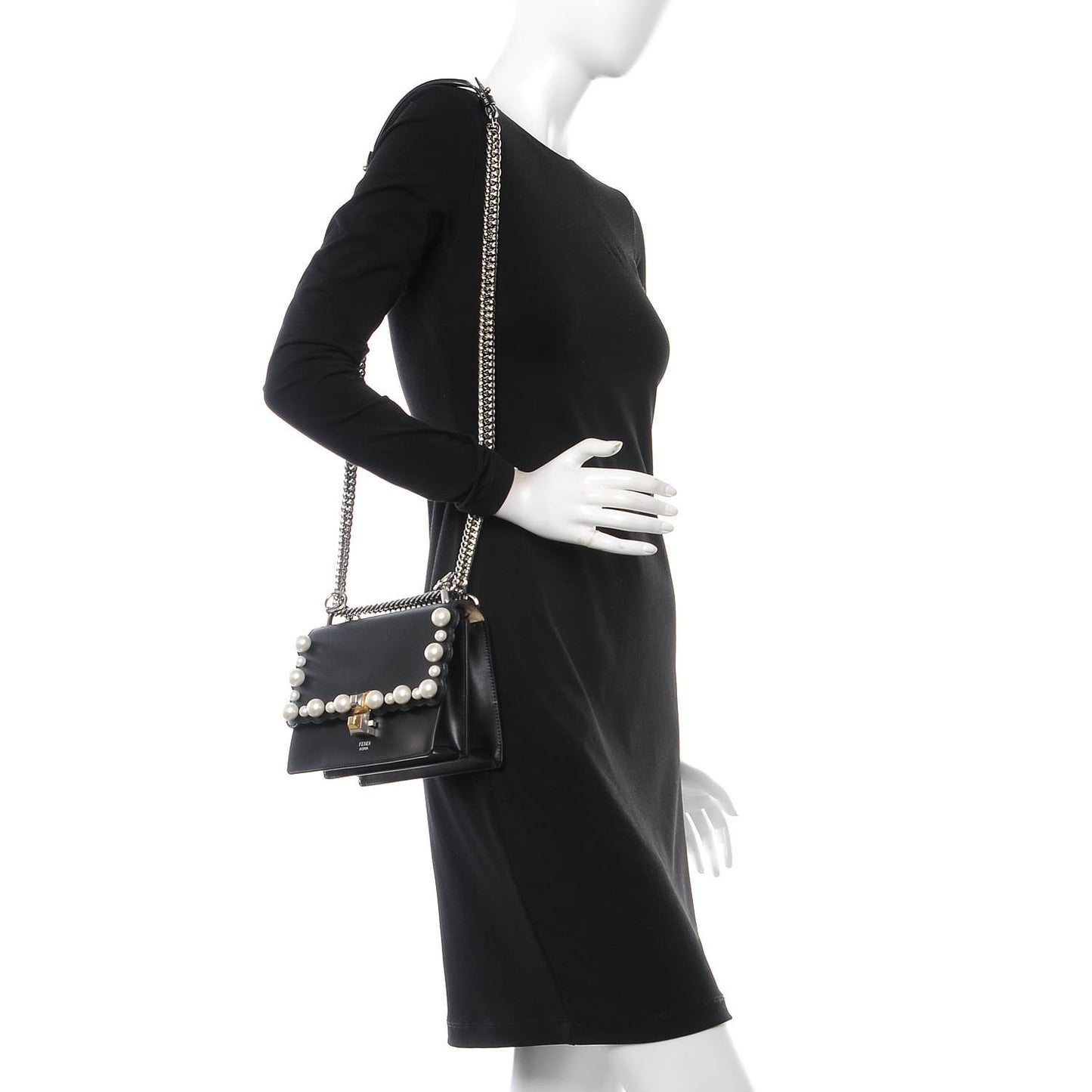 Vitello Liberty Pearl Scalloped Studded Small Kan I Shoulder Bag Black