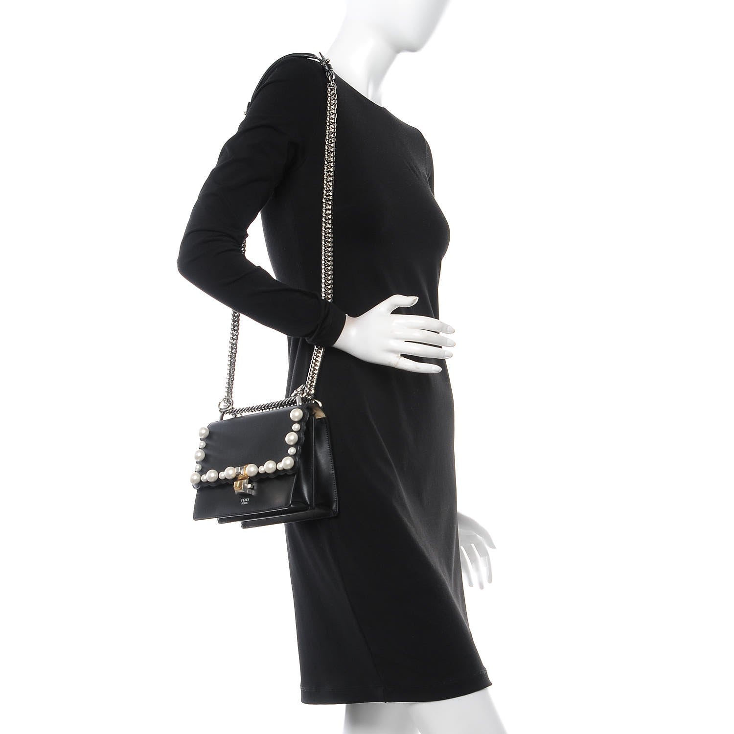 Fendi Vitello Liberty Pearl Scalloped Studded Small Kan I Shoulder Bag Black 2 of 8