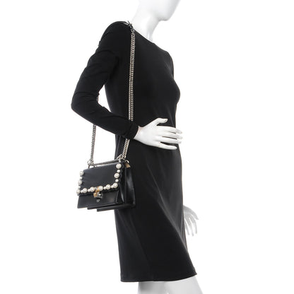 Fendi Vitello Liberty Pearl Scalloped Studded Small Kan I Shoulder Bag Black 2 of 8