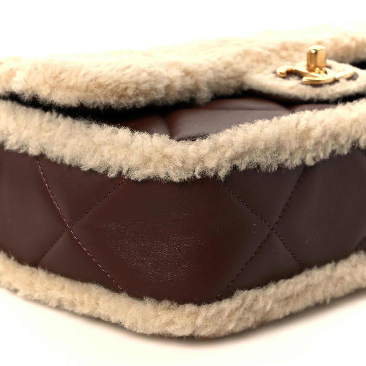 Shearling Lambskin Quilted Furry Coco Flap Dark Brown Beige