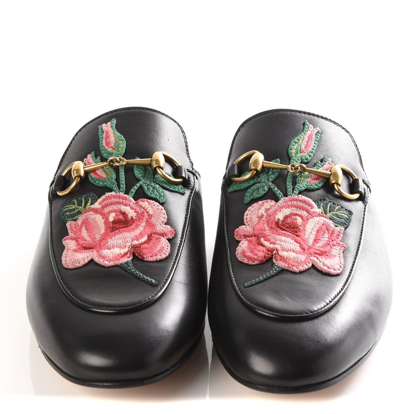Calfskin Flower Embroidered Womens Princetown Slippers 38 Black
