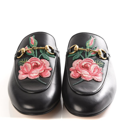 Gucci Calfskin Flower Embroidered Womens Princetown Slippers 38 Black 3 of 9