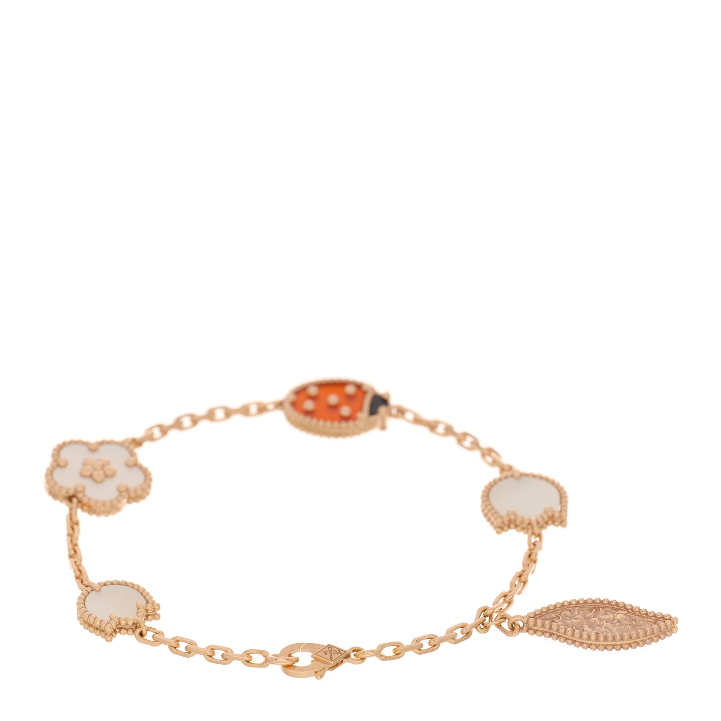 18K Rose Gold Carnelian Mother of Pearl Onyx 5 Motifs Lucky Spring Bracelet