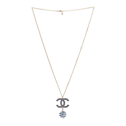 Chanel Resin Pearl Striped CC Drop Necklace Blue Gold 3 of 8
