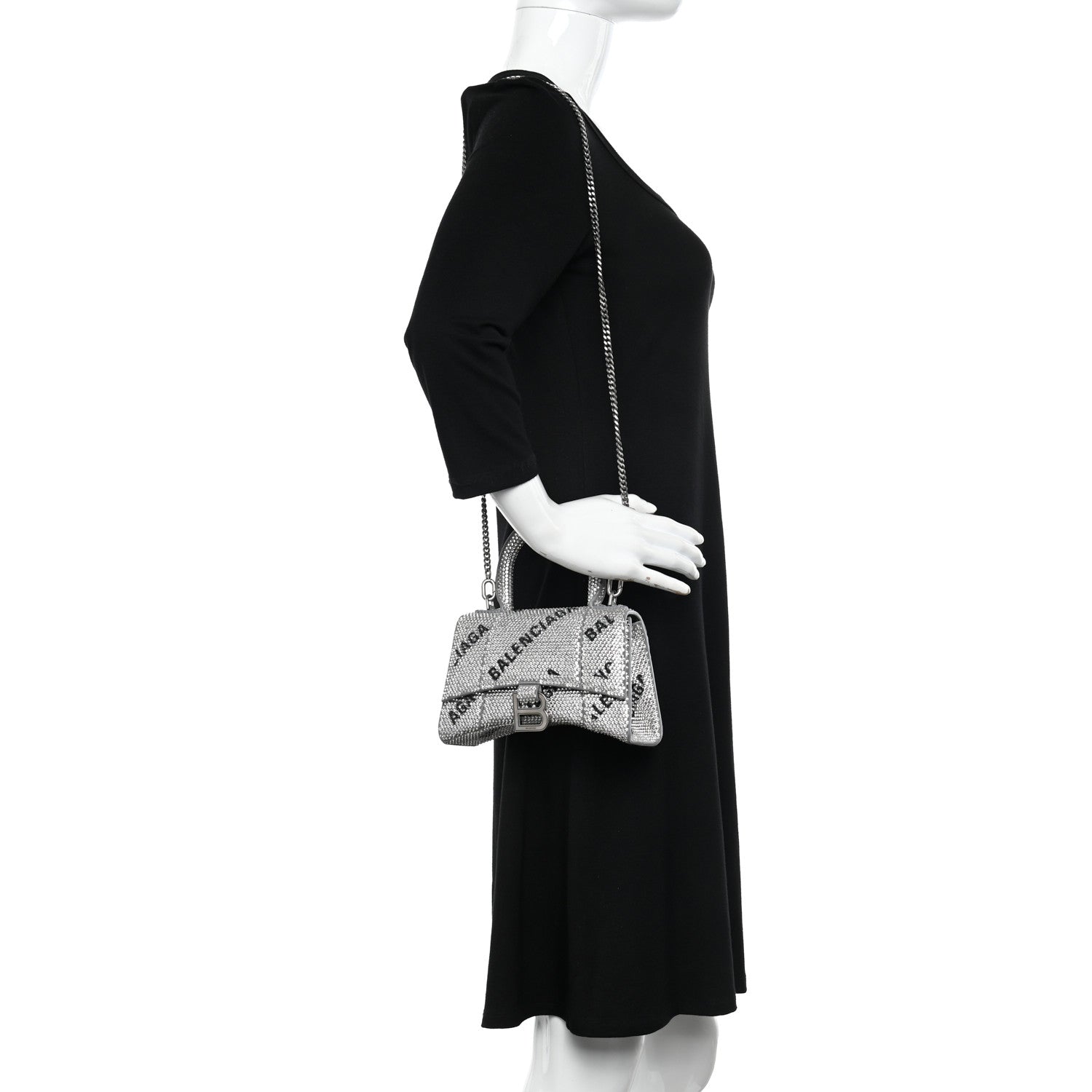 Balenciaga Strass Suede Allover Logo Hourglass Top Handle Bag XS with Chain Silver Black 2 of 12