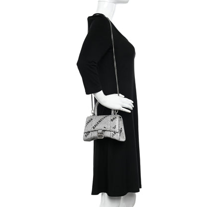 Balenciaga Strass Suede Allover Logo Hourglass Top Handle Bag XS with Chain Silver Black 2 of 12