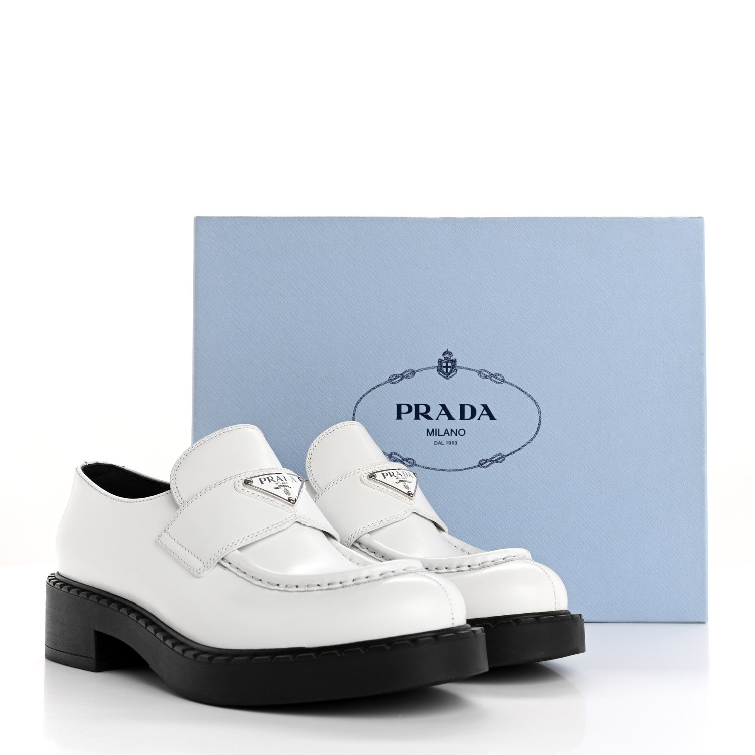 Prada Brushed Calfskin Metal Triangle Logo 20mm Loafers 39.5 White