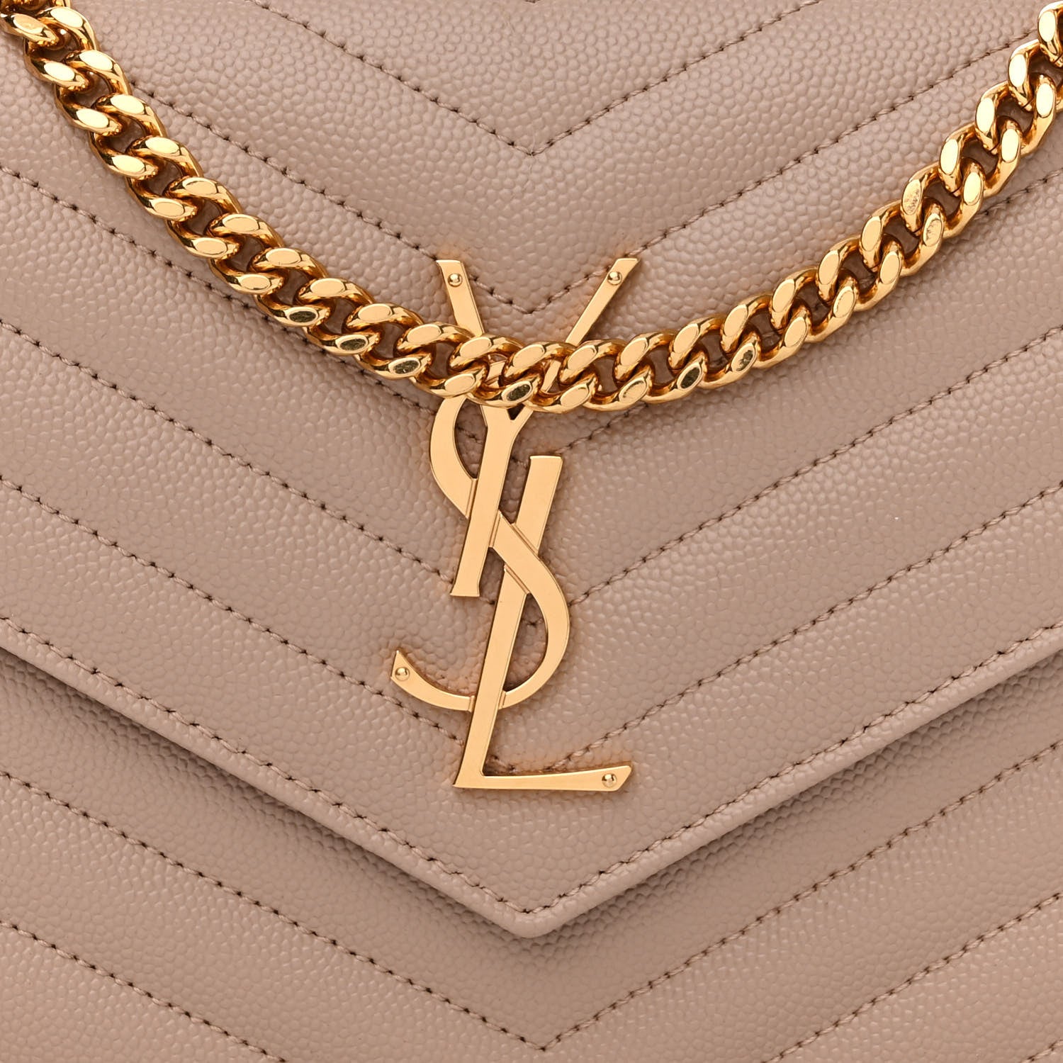 Saint Laurent Grain De Poudre Matelasse Chevron Monogram Chain Wallet Dark Beige 8 of 11