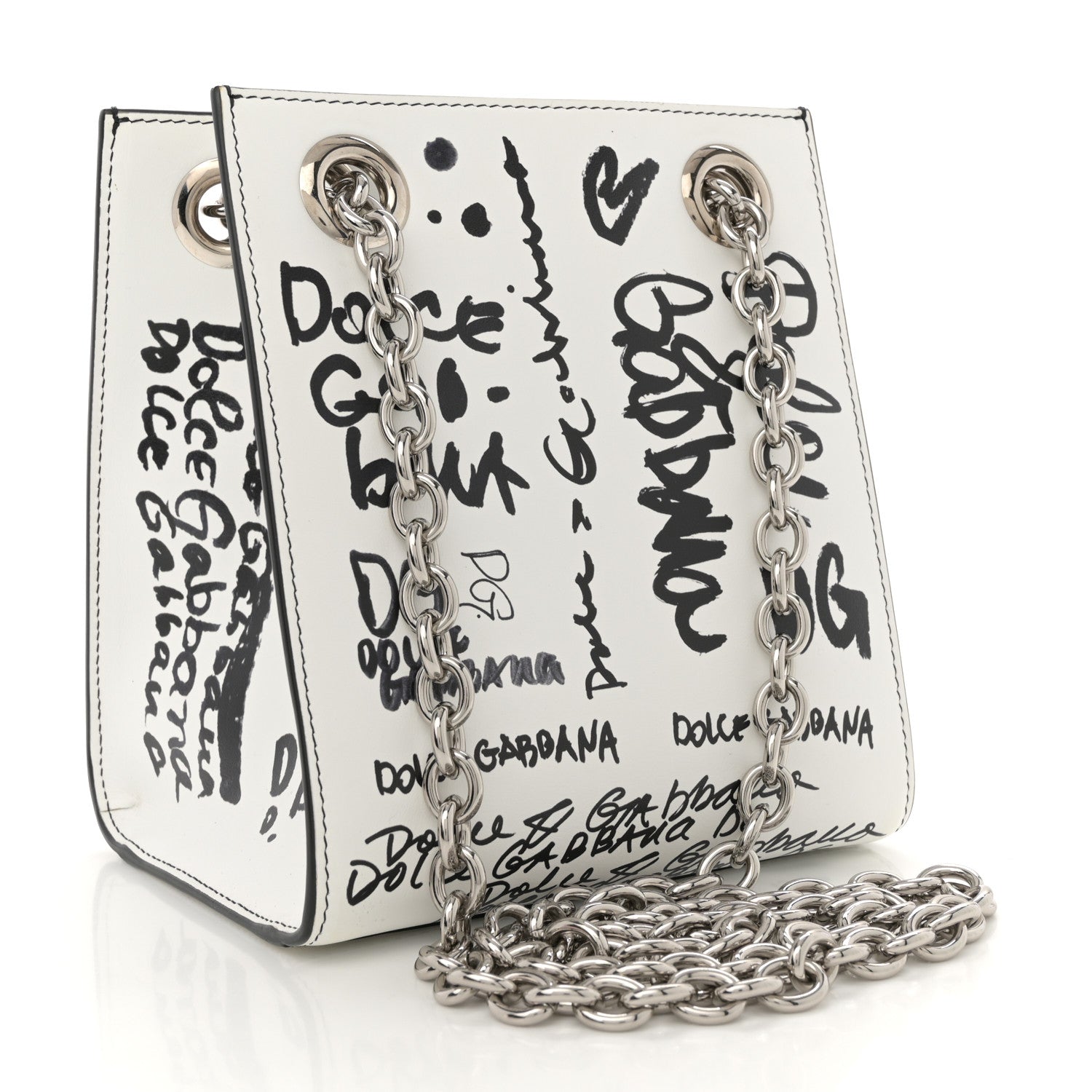 Dolce & Gabbana Calfskin DG Graffiti Print Chain Shoulder Bag White Black 2 of 10