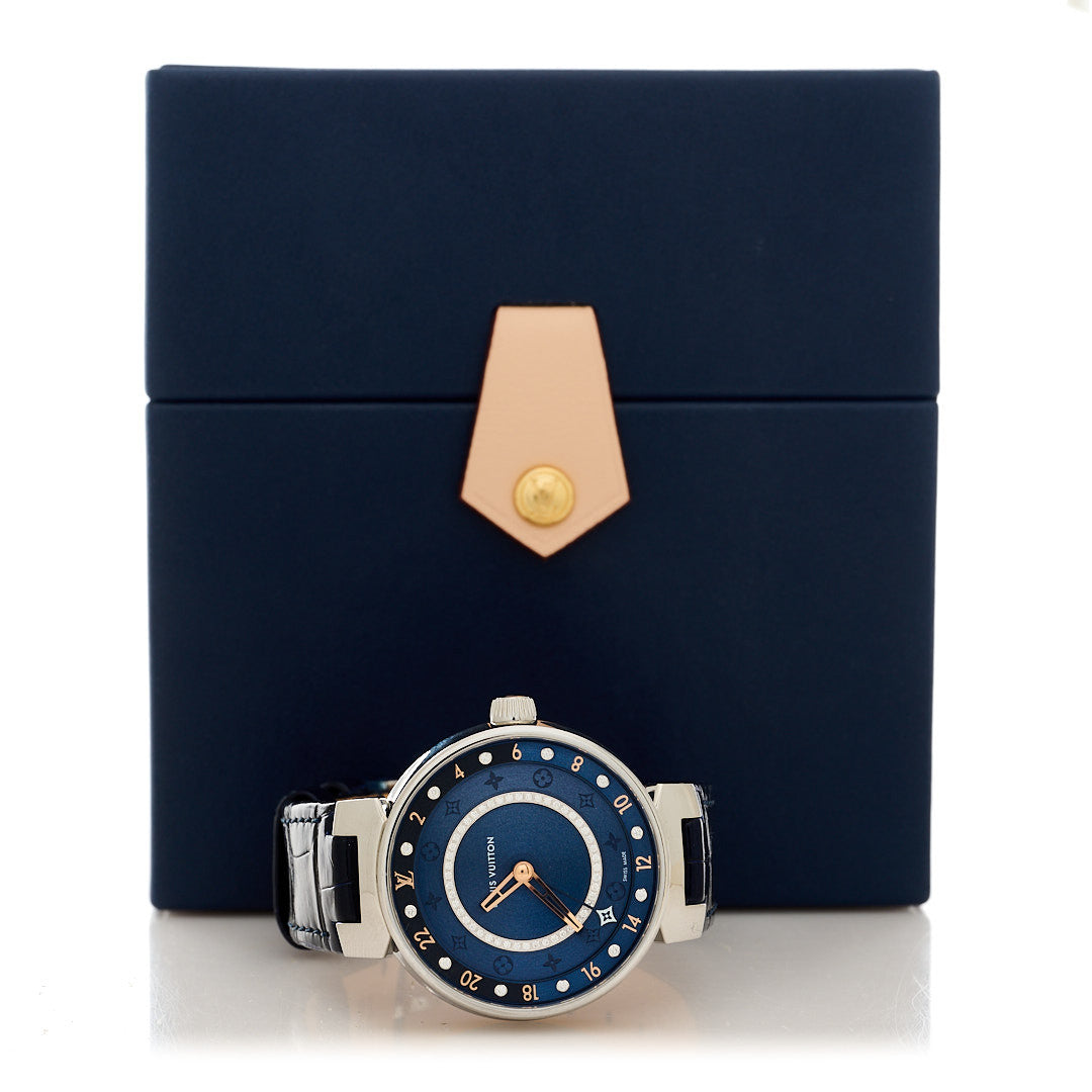 Louis Vuitton LOUIS VUITTON Stainless Steel Alligator Diamond 35mm Tambour Moon Dual Time Quartz Watch Blue 5 of 5