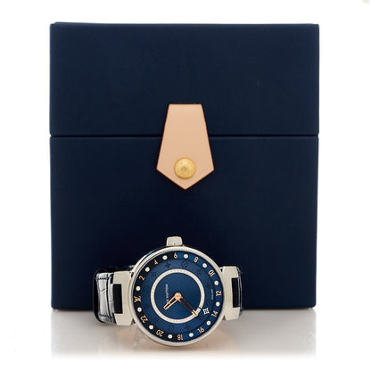 Louis Vuitton LOUIS VUITTON Stainless Steel Alligator Diamond 35mm Tambour Moon Dual Time Quartz Watch Blue 5 of 5