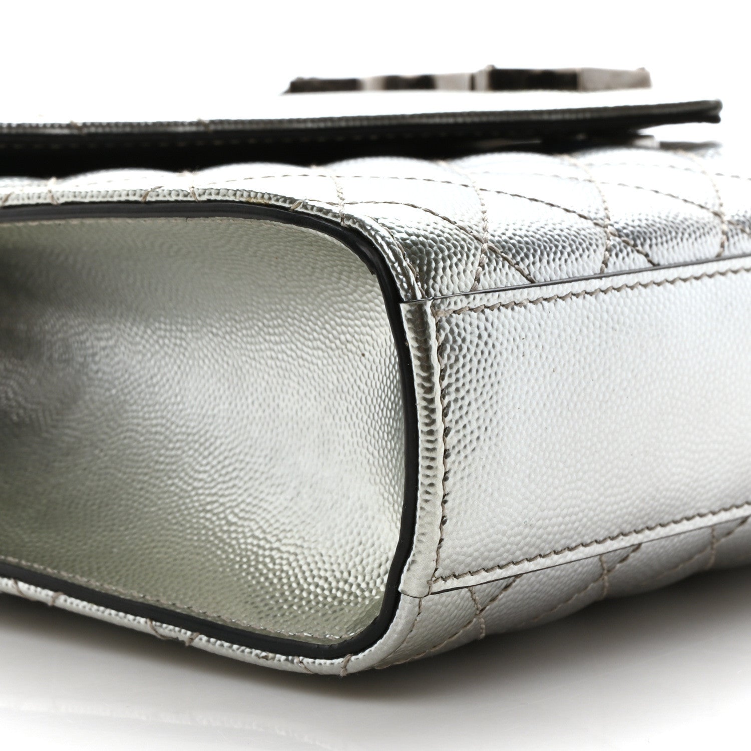 Saint Laurent Metallic Grain De Poudre Textured Mixed Matelasse Triquilt Medium Monogram Satchel Silver 8 of 9